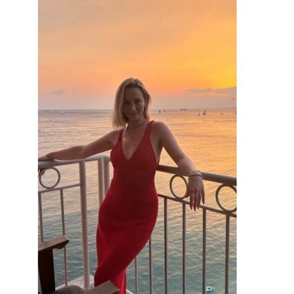 RONNY KOBO Red Orange Crochet V-Neck Open Back Tie Dress Size Medium - Picture 15 of 15